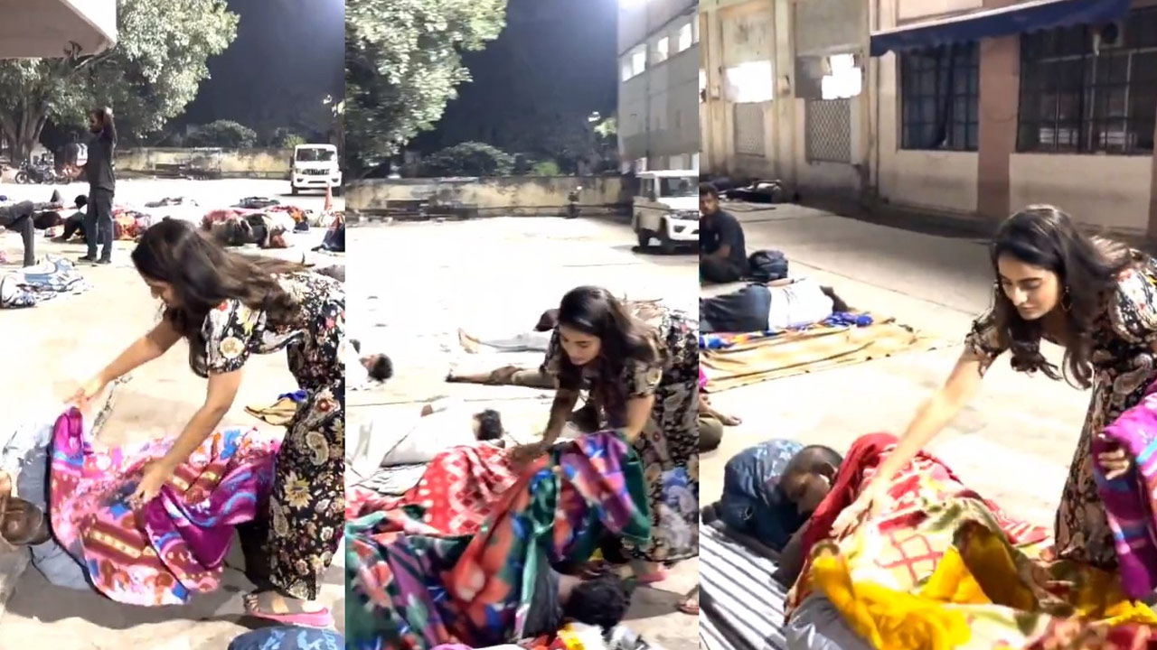 Ananya Nagalla's Heartwarming Act: Covers Homeless with Blankets at Hyderabad Bus Stand Ananya Nagalla's Heartwarming Act: Covers Homeless with Blankets at Hyderabad Bus Stand
