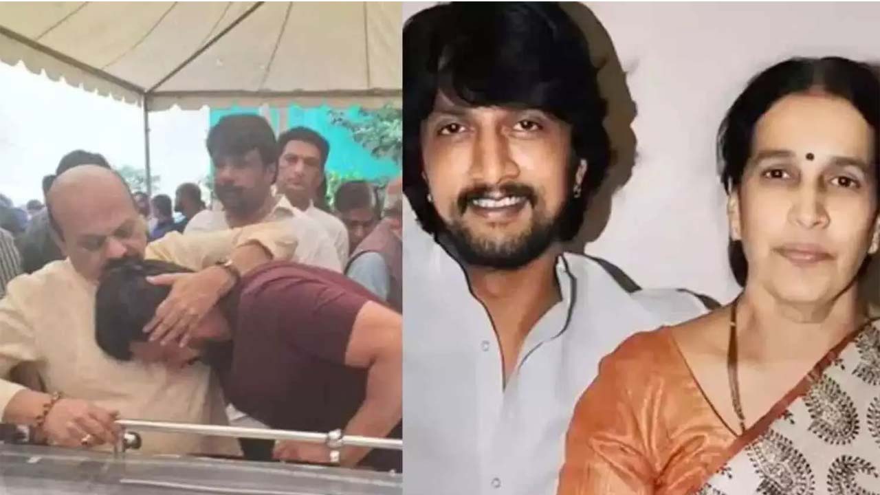 Basavaraj Bommai Consoles Kichcha Sudeep at His Mother's Funeral