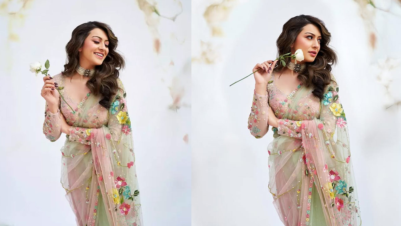 Hansika Motwani Stuns in Floral Saree, Elegantly Holding a Rose