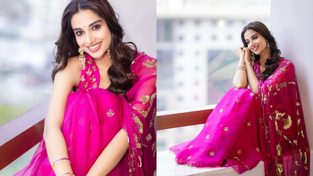 Meenakshi Chaudhary Dazzles in a Pink Saree and Elegant Jewelry Meenakshi Chaudhary Dazzles in a Pink Saree and Elegant Jewelry