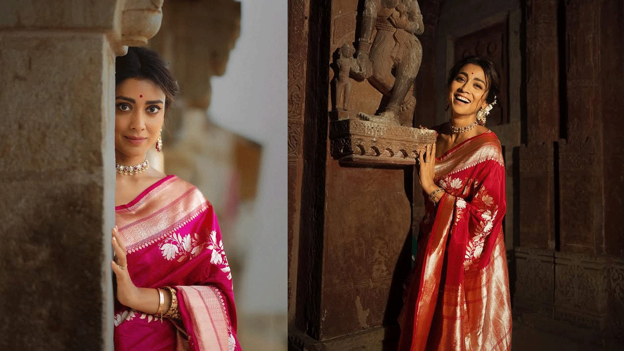 Shriya Stuns in a Pink Banarasi Saree