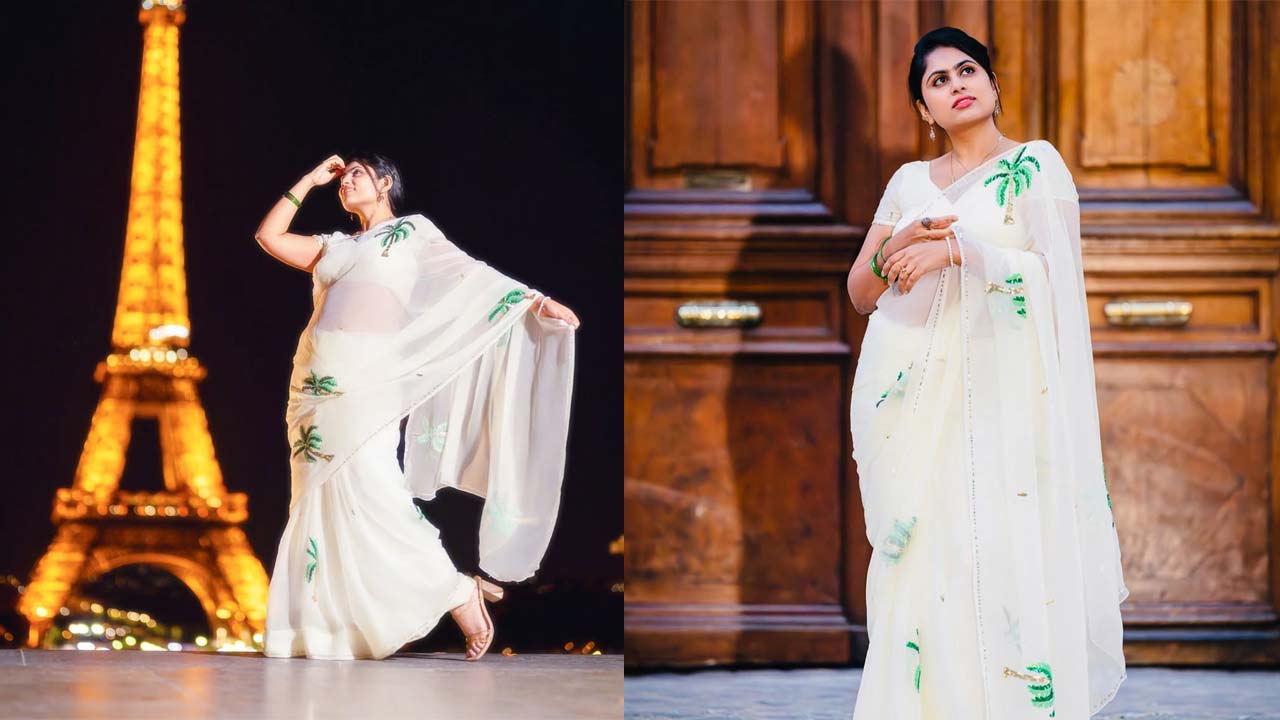 Tejaswini Vygha Stuns in Saree at Paris Eiffel Tower Viral Photos Trending