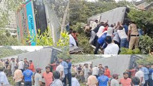 Bus Overturns Near Pedda Amberpet ORR, 20 Passengers Onboard Electric Bus Topples Near Pedda Amberpet ORR