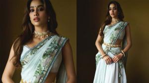 Janhvi Kapoor Pale Aqua Linen Lehenga