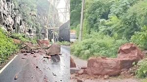 Heavy Rains Trigger Landslides, Chaos in Srisailam Srisailam Landslides: Heavy Rains Trigger Roadblocks and Safety Alerts
